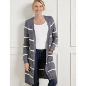 Talbots Marled Knit Duster Cardigan Open Front LP Sweater Black White Office Cas